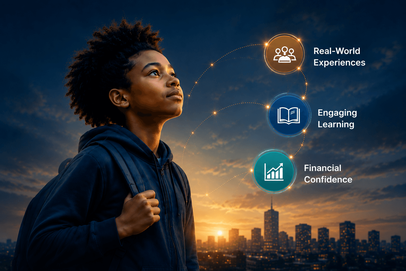 A student looking toward learning and opportunity, with the pillars of Real-World Experiences, Engaging Learning, and Financial Confidence