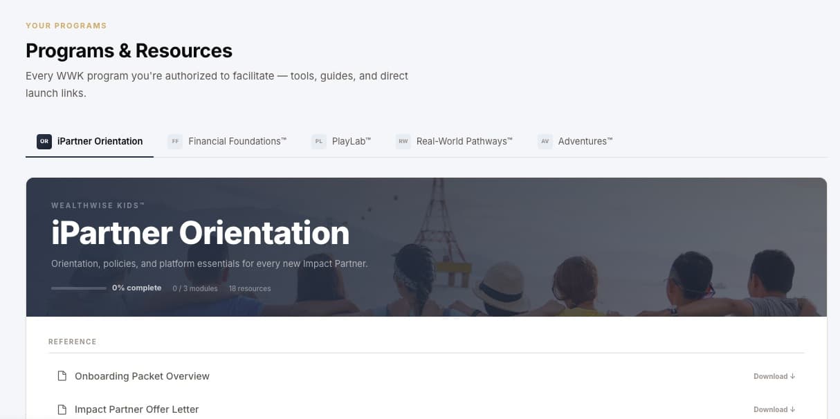 Programs and Resources in the portal: a tab for each WealthWise Kids program, with the guides and files for each one