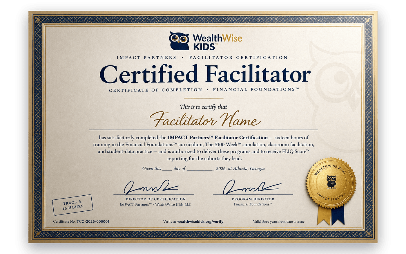 The iMPACT Partners Certified Facilitator certificate on parchment, with the facilitator's name line, an authorized-signature line, and a gold seal