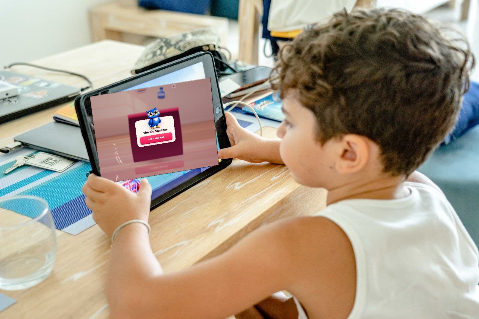 A child at a table playing The Big Squeeze, a PlayLab game, on a tablet
