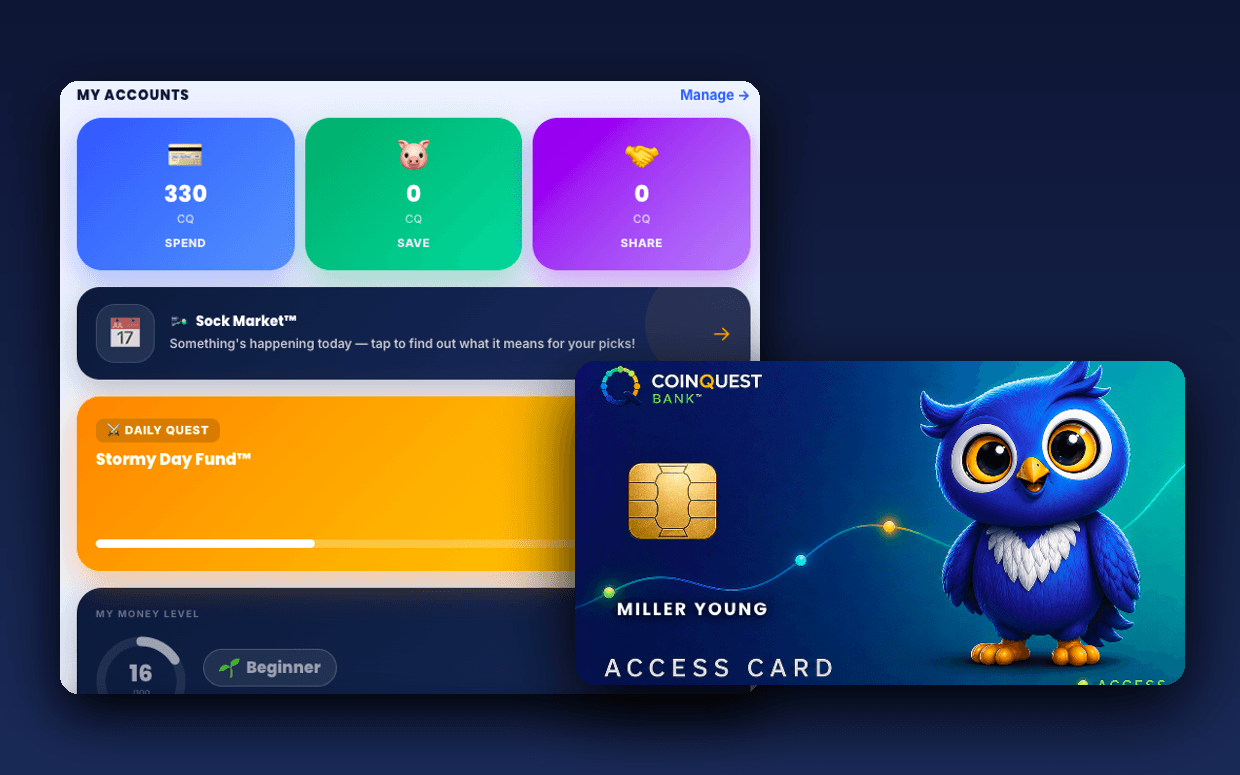 CoinQuest™ — the simulated banking app with Spend/Save/Share accounts and a student's Milo Access Card