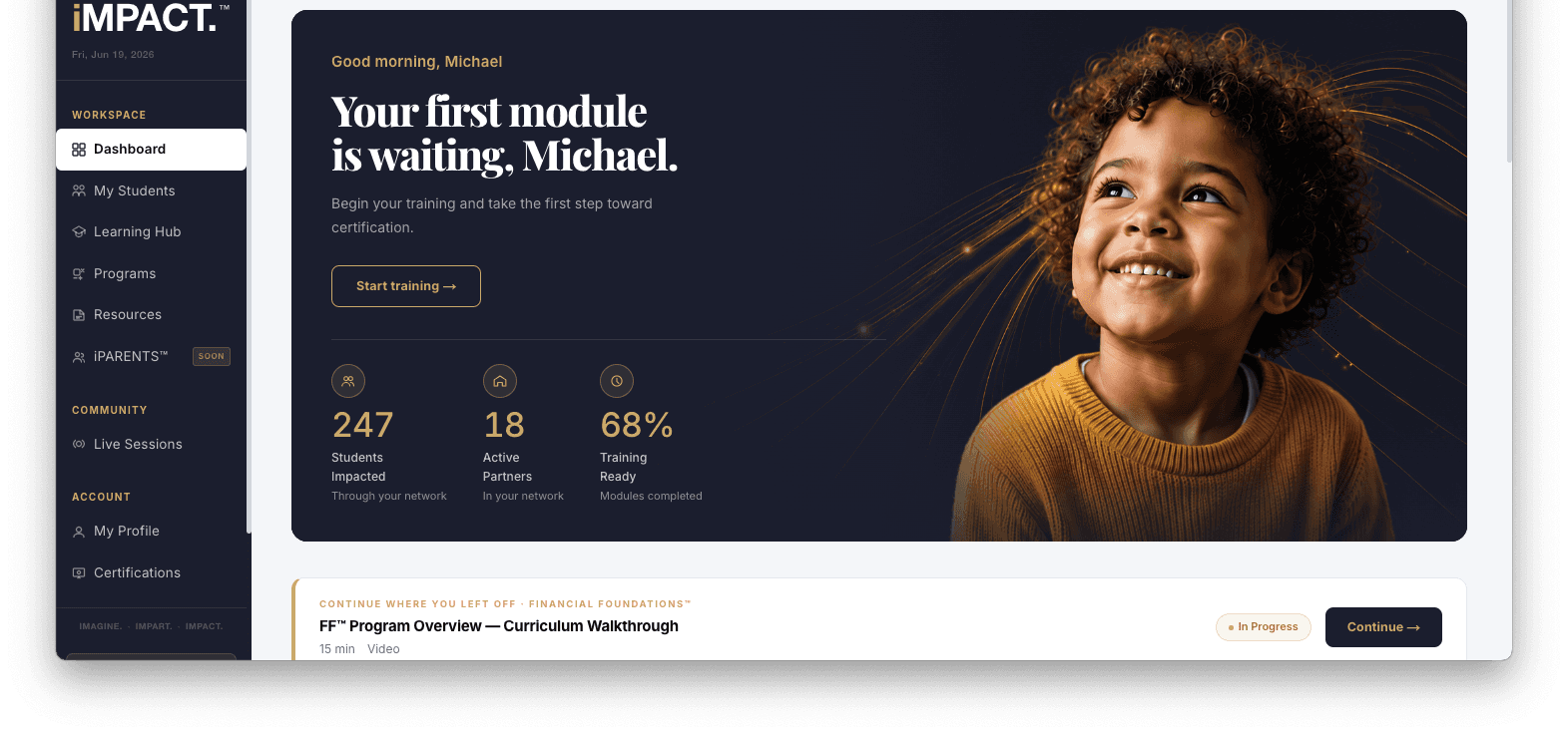 The iMPACT Partners portal dashboard a program lead sees: modules, students, and the FLIQ readings