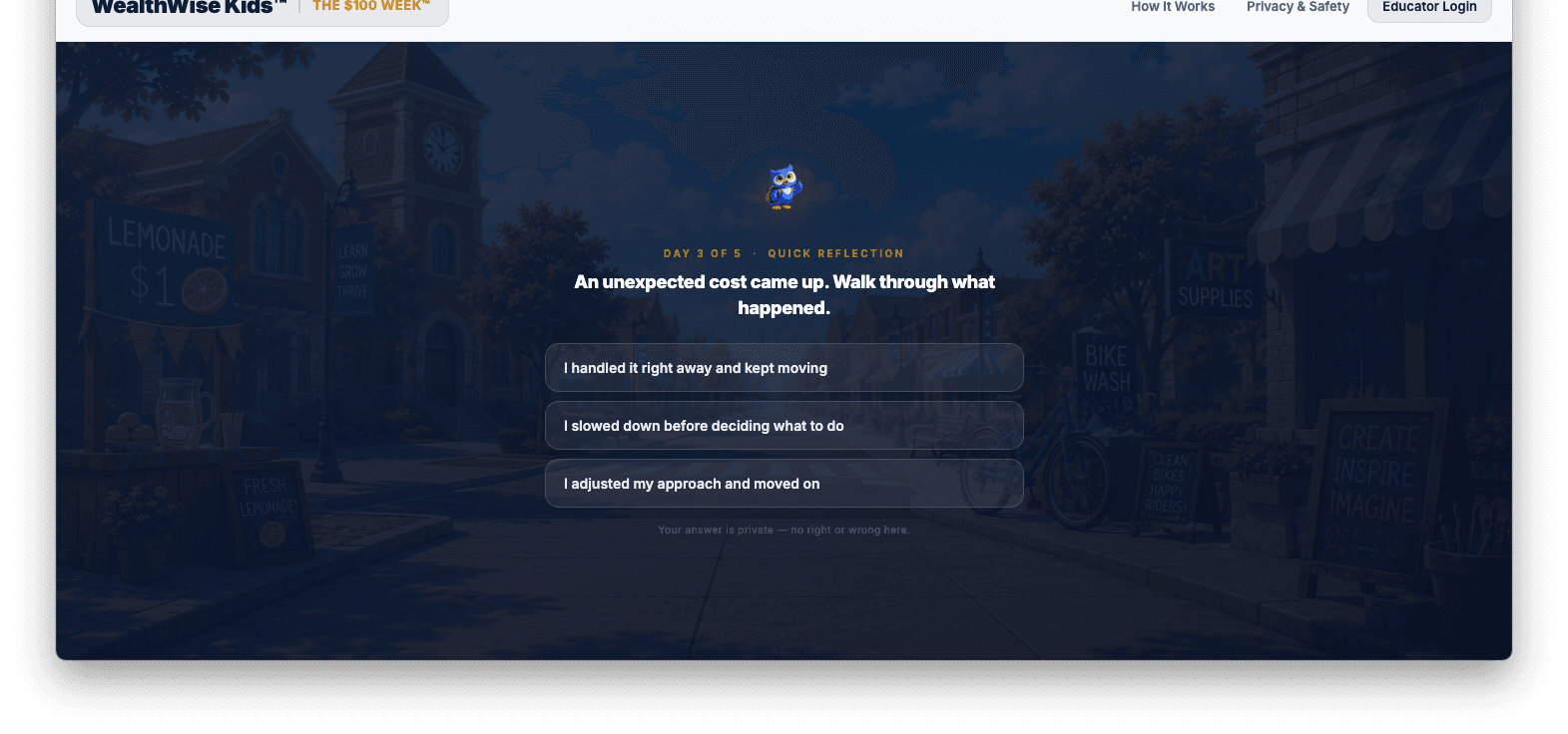 A reflection screen from The $100 Week: a student reads back what happened after a decision