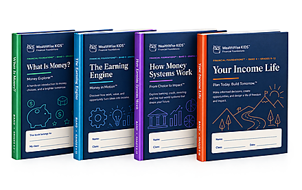The four Financial Foundations band books: What Is Money?, The Earning Engine, How Money Systems Work, and Your Income Life